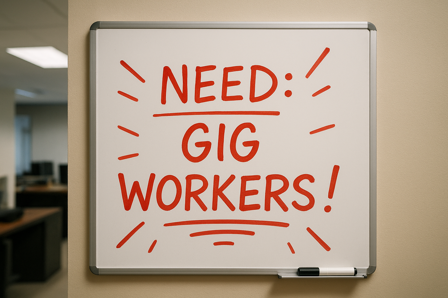 "Need: Gig Workers" written on white board in office
